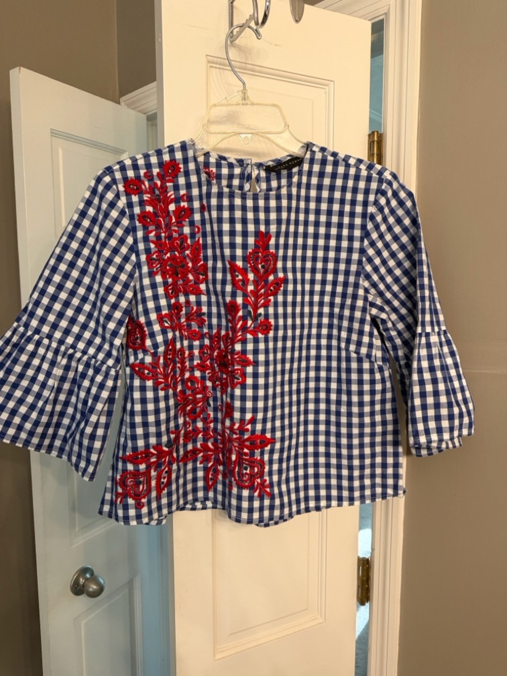 Zara Gingham Top with Red Floral Embroidery